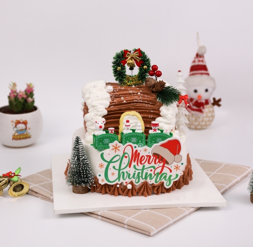 Bánh kem 2 tầng hình khúc cây trang trí chủ đề Noel